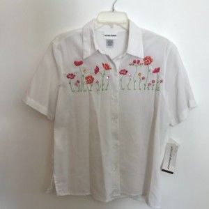Alfred Dunner NWT Women's Button Up Blouse Top White Floral Embroidered Size 12